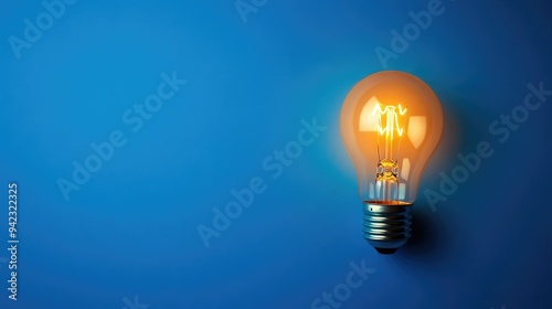 A solitary lightbulb illuminating a blue background with copy space