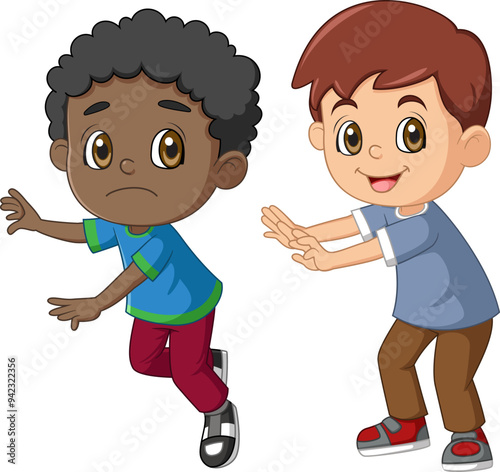 Cartoon little boy pushing his friend