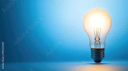 A solitary lightbulb illuminating a blue background with copy space