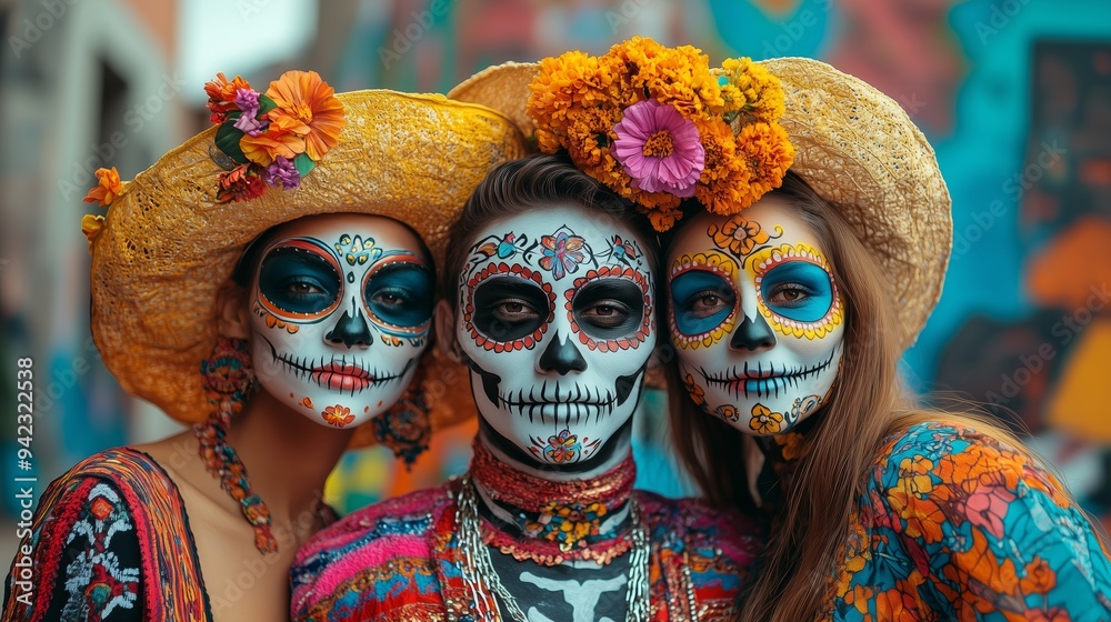 A group of friends dressed in colorful Día de los Muertos Day of the Dead attire, with their faces painted like skulls and flowers, standing against an urban graffiti wall. A group of friends dressed in colorful Día de los Muertos Day of the Dead attire, with their faces painted like skulls and flowers, standing against an urban graffiti wall.