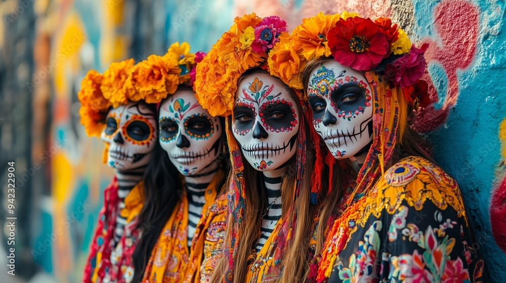 A group of friends dressed in colorful Día de los Muertos Day of the Dead attire, with their faces painted like skulls and flowers, standing against an urban graffiti wall. A group of friends dressed in colorful Día de los Muertos Day of the Dead attire, with their faces painted like skulls and flowers, standing against an urban graffiti wall.