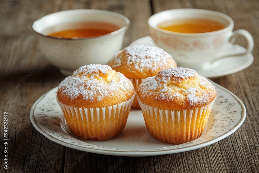 Three muffins with powdered sugar on a wooden table, next to two cups of tea, on a wooden background-gigapixel-hq-scale-6_00x Three muffins with powdered sugar on a wooden table, next to two cups of tea, on a wooden background-gigapixel-hq-scale-6_00x