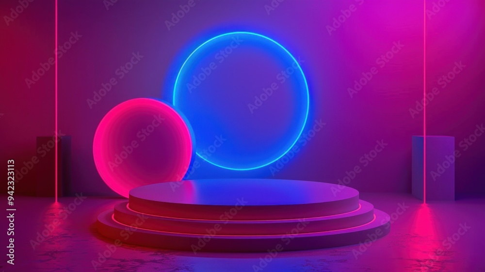 Obraz premium Futuristic stage with neon lights and dark background. Ideal for modern and vibrant presentations.