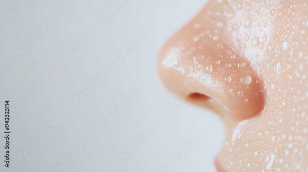 Fototapeta premium A close-up of a nose glistening with water droplets, showcasing skin texture and moisture. Ideal for wellness and beauty themes.