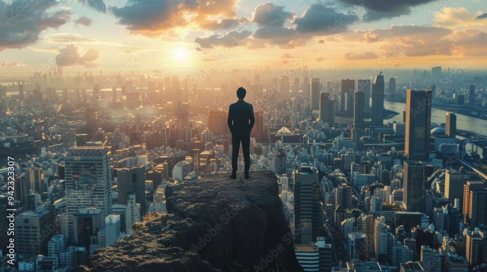 Businessman on top of the world, overlooking a bustling city generative ai Businessman on top of the world, overlooking a bustling city generative ai