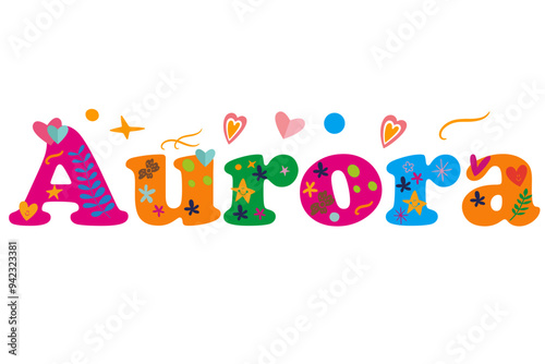 Aurora female name decorative lettering type design. Vector