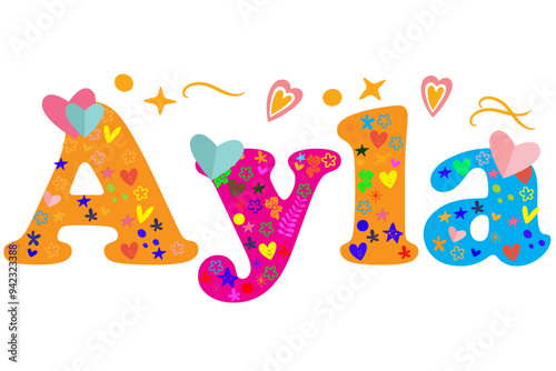 Ayla female name decorative lettering type design. Vector