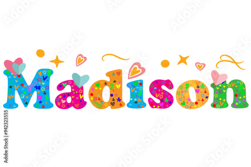 Madison female name decorative lettering type design. Vector