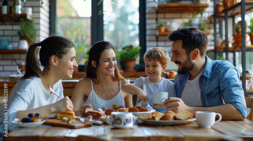 A cheerful family of four sharing a joyful breakfast together at a cozy, well-lit kitchen table with pastries and coffee.