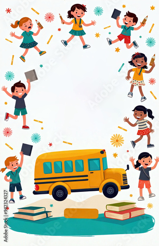 Colorful School Scene with Animated Children Playing Around a Yellow School Bus