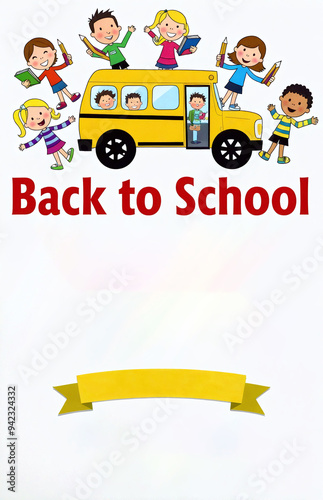 Vibrant children joyfully riding on yellow school bus, celebrating Back to School in colorful uniforms.