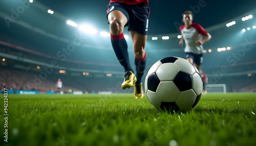 Action-packed scene of soccer players in motion on a vibrant, illuminated pitch, showcasing the excitement of competitive sports during a night game.