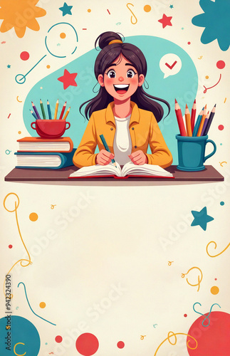 Young girl engrossed in writing at wooden desk surrounded by colorful creative objects and whimsical background.