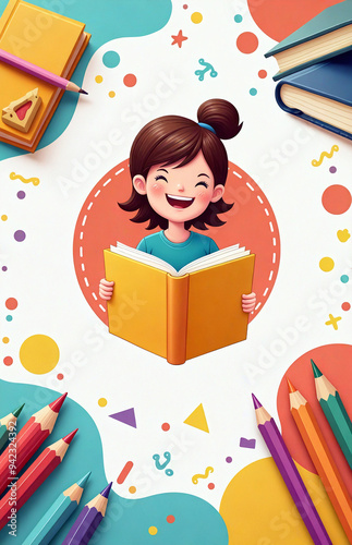 Young girl reading book surrounded by colorful school supplies in a vibrant, playful illustration.