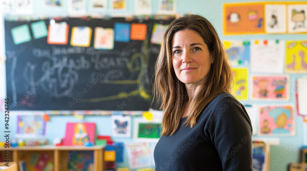 Female Teacher in a Bright and Colorful Classroom with Student Artwork