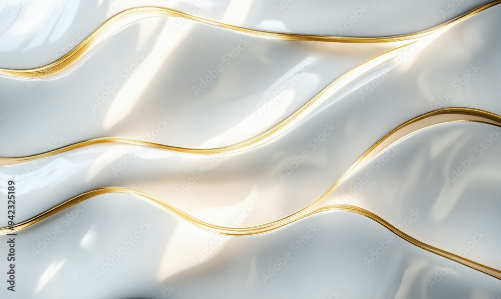 Fototapeta premium A white fabric with gold stripes, creating a sense of luxury and elegance. The gold stripes are arranged in a wavy pattern, adding a dynamic and visually appealing element to the fabric