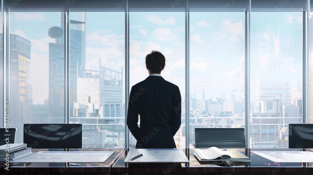 Fototapeta premium CEO, side view, with business proposals on table in office generative ai
