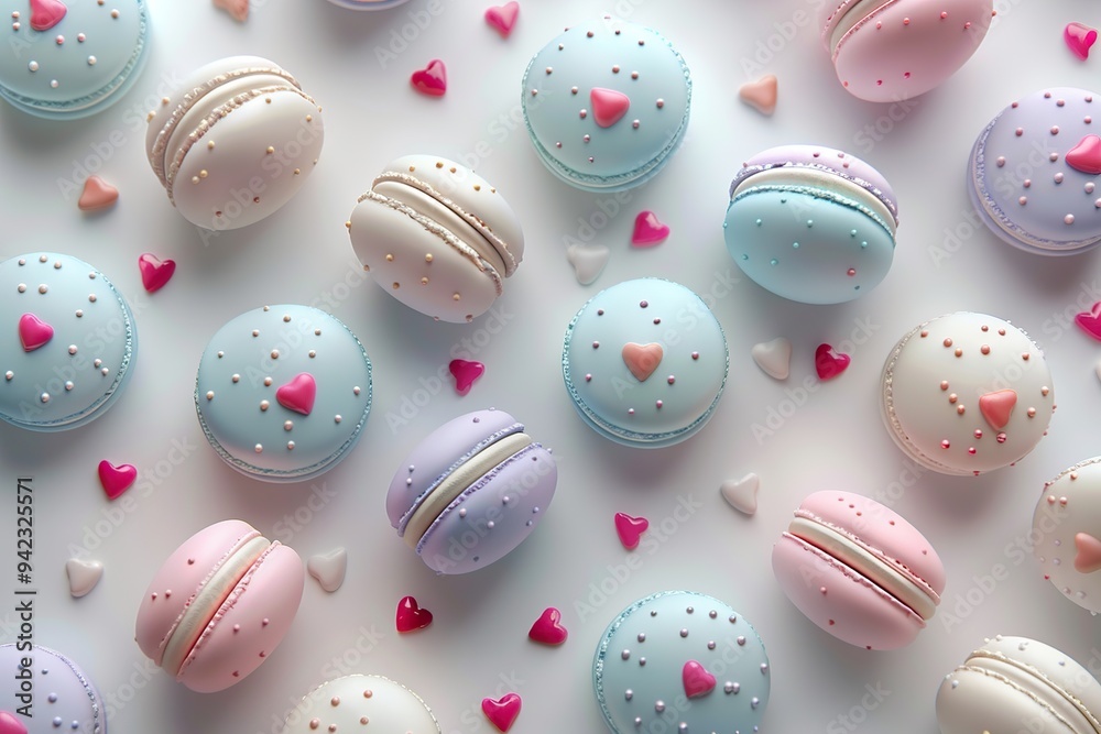Obraz premium Sweet Delights: Colorful Macarons with Hearts on a White Background