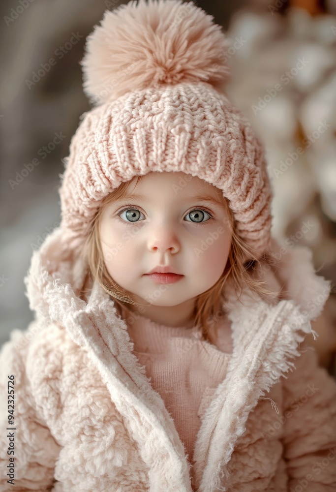 A child wearing a pink beanie and a white jacket. A child wearing a pink beanie and a white jacket.