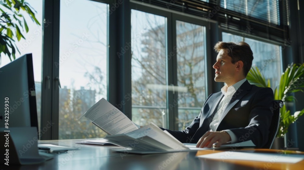 CEO, side view, with business proposals on table in office generative ai CEO, side view, with business proposals on table in office generative ai