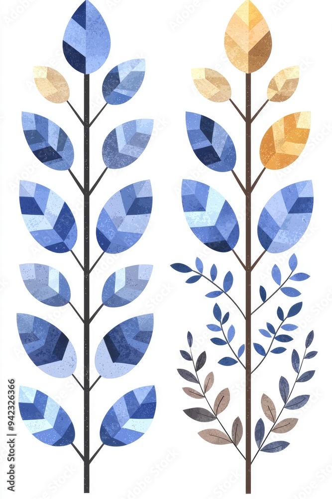 Fototapeta premium Abstract Geometric Blue and Yellow Leaf Branches