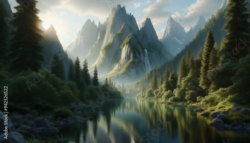 Serene Mountain River Landscape with Waterfall and Lush Foliage