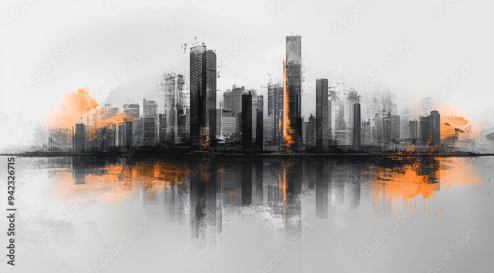 Obraz premium This vibrant abstract watercolor painting depicts a dynamic cityscape, embracing striking black and orange tones, capturing the lively essence of an urban environment brimming with movement