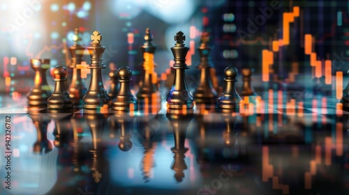 Wallpaper Mural Chess pieces and financial charts, reflecting world map, global investment strategy generative ai Torontodigital.ca