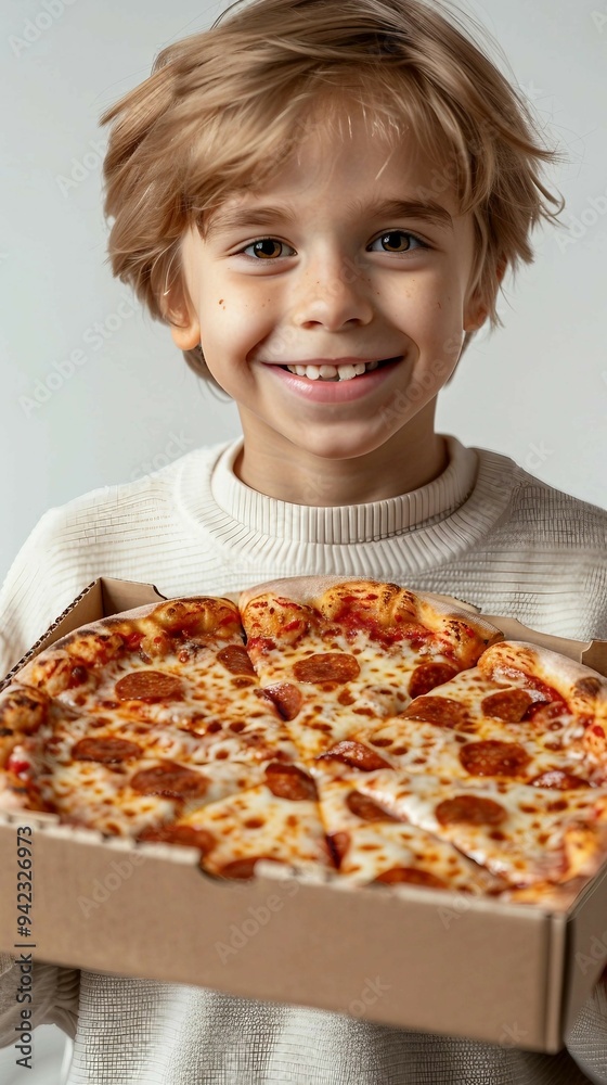 A young boy is holding a box of pizza A young boy is holding a box of pizza
