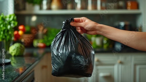 Close-Up of Hand Holding Black Garbage Bag for Trash in Kitchen - Ultra-Realistic High-Detail Photography Focused on Action

 photo