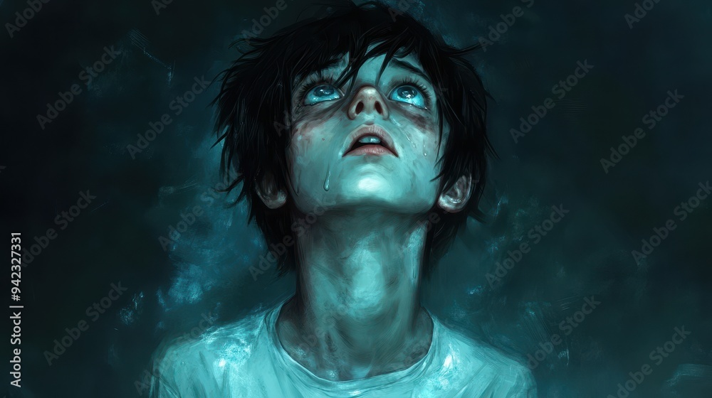 Portrait of a Young Boy Looking Up With Sad Eyes and Teary Face Portrait of a Young Boy Looking Up With Sad Eyes and Teary Face