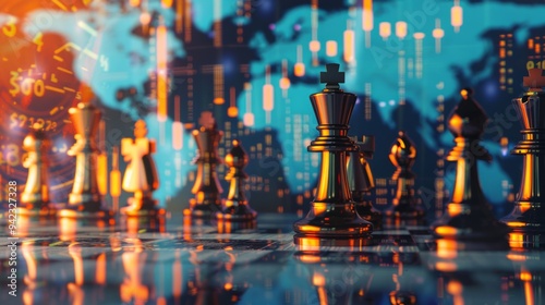 Chess pieces and financial charts, reflecting world map, global investment strategy generative ai