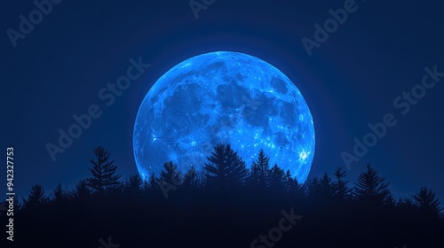 Fototapeta Naklejka Na Ścianę i Meble -  A blue moon setting behind a silhouette of trees, casting an otherworldly light over the landscape with space for messaging.