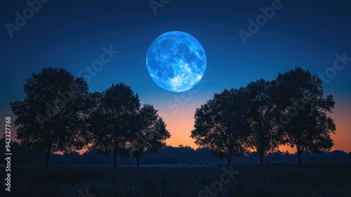 A blue moon setting behind a silhouette of trees, casting an otherworldly light over the landscape with space for messaging. photo