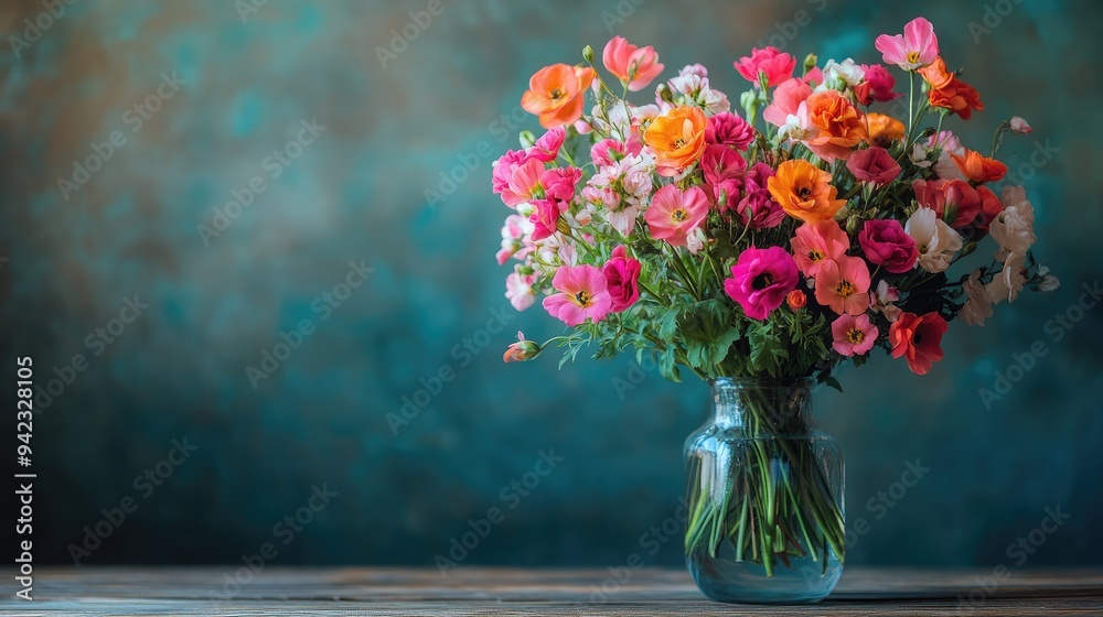 A bouquet of fresh flowers in a glass vase, with a mix of vibrant colors and delicate petals, arranged beautifully on a wooden table. A bouquet of fresh flowers in a glass vase, with a mix of vibrant colors and delicate petals, arranged beautifully on a wooden table.