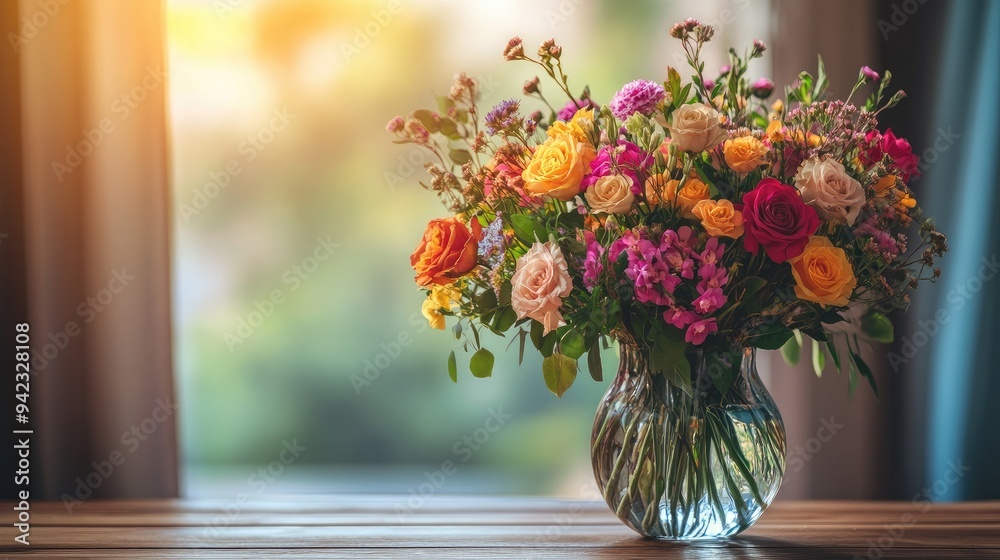 A bouquet of fresh flowers in a glass vase, with a mix of vibrant colors and delicate petals, arranged beautifully on a wooden table. A bouquet of fresh flowers in a glass vase, with a mix of vibrant colors and delicate petals, arranged beautifully on a wooden table.