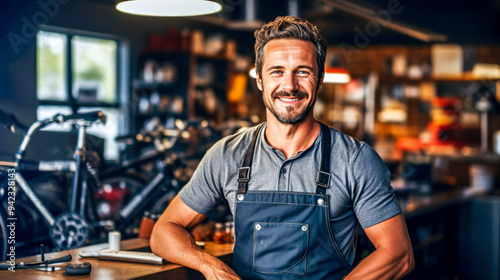 Portrait of young adult male bicycle mechanic smiles in vibrant repair workshop, ready to assist customers with their bicycle needs. Concept of expert repairmen bringing life back to bicycles. Banner