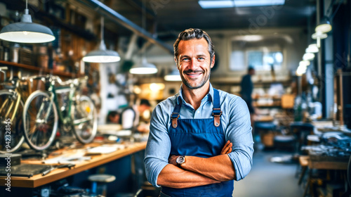 Man mechanic with smile in apron stands with arms crossed in bicycle workshop filled with tools and bikes. Concept of professional bicycle repair, skilled craftsmanship and dedicated service. Banner