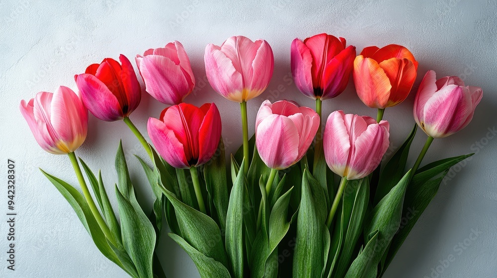 Obraz premium A bouquet of tulips in full bloom, placed on a white table with ample copy space for custom messages.