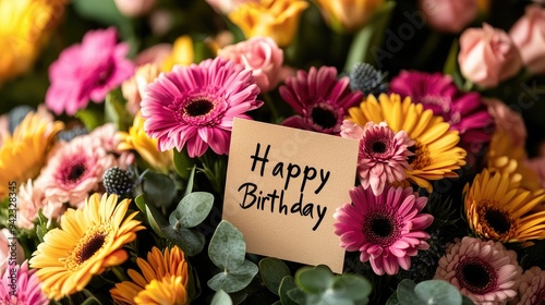 A bouquet of vibrant flowers with a "Happy Birthday" card nestled inside. Ample copy space for a message.