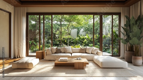 Modern Living Room with Large Window Green Garden View Wooden Floor and White Sofa