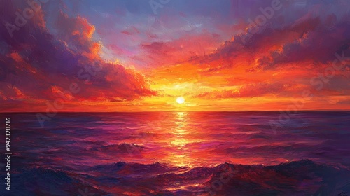 A breathtaking view of a sunset over the ocean, with vibrant oranges, pinks, and purples painting the sky as the sun dips below the horizon.