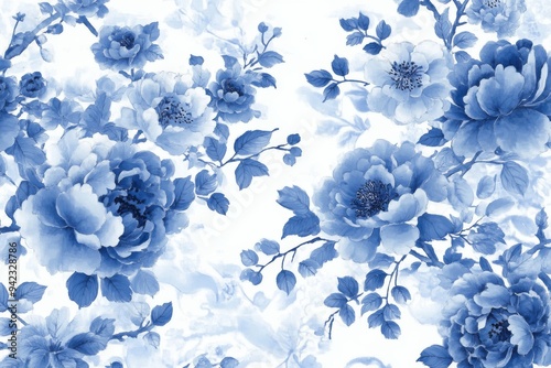 The blue floral pattern features intricate designs resembling porcelain artistry, showcasing blossoms on a soft white background that enhances elegance and adds sophistication to any space