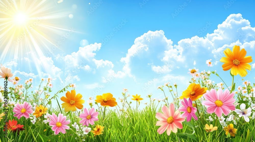 A bright and colorful spring flyer featuring a sunny sky, blooming flowers, and green grass, providing a cheerful and inviting design with room for text. A bright and colorful spring flyer featuring a sunny sky, blooming flowers, and green grass, providing a cheerful and inviting design with room for text.