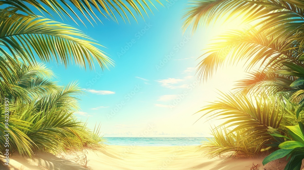 A bright and vibrant summer background with a clear blue sky, palm trees, and a golden sandy beach, perfect for sunny-themed designs with space for text.
