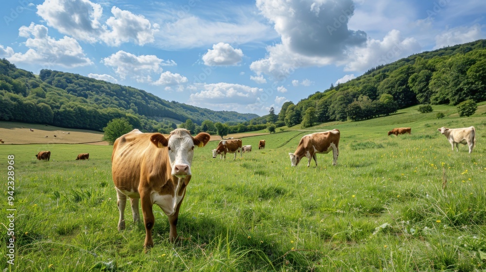 Cows are grazing on a lush green meadow with hills and mountains in the background under a cloudy sky. Cows are grazing on a lush green meadow with hills and mountains in the background under a cloudy sky.