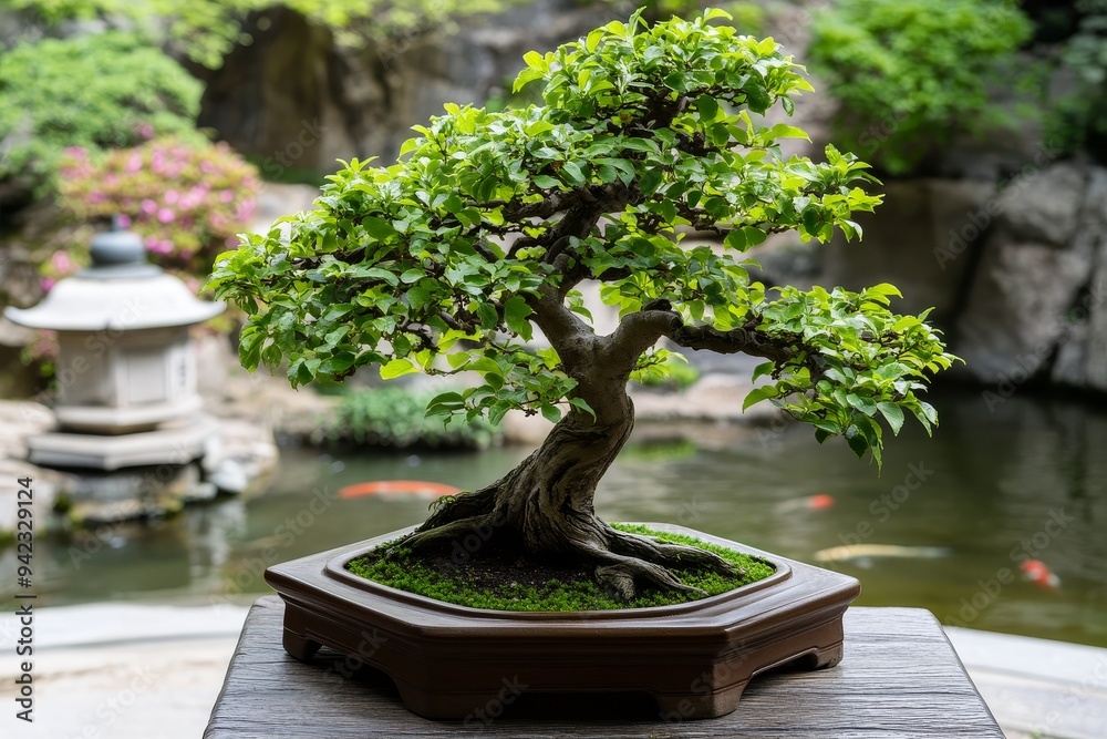 A well-cared bonsai tree stands proudly beside a tranquil pond surrounded by lush greenery in a serene garden setting A well-cared bonsai tree stands proudly beside a tranquil pond surrounded by lush greenery in a serene garden setting