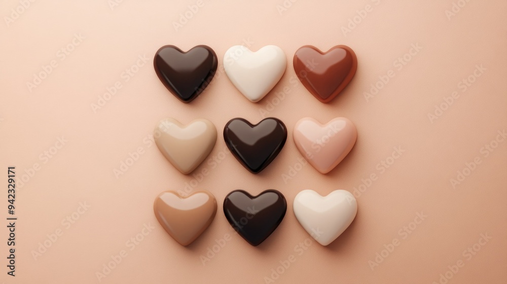 hearts of different shades, like skin color, symbolizing different racial affiliations, placed in a row on brown background.Concept of day is zero discrimination, inclusivity, unity, love hearts of different shades, like skin color, symbolizing different racial affiliations, placed in a row on brown background.Concept of day is zero discrimination, inclusivity, unity, love