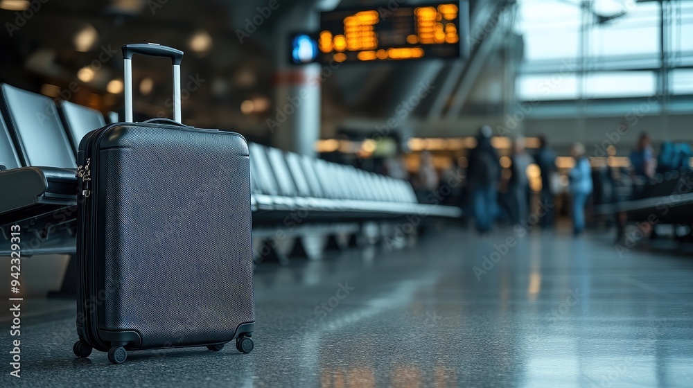 Obraz premium A business suitcase and briefcase placed next to a row of airport seats, with a blurred background of travelers in motion.