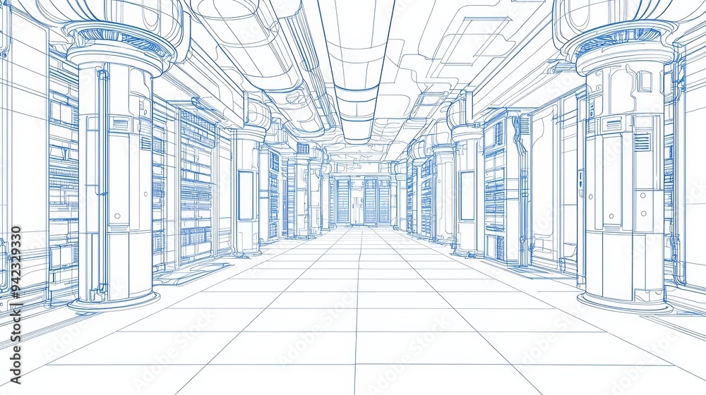 Fototapeta premium Futuristic Architecture Blueprint Corridor Interior Design